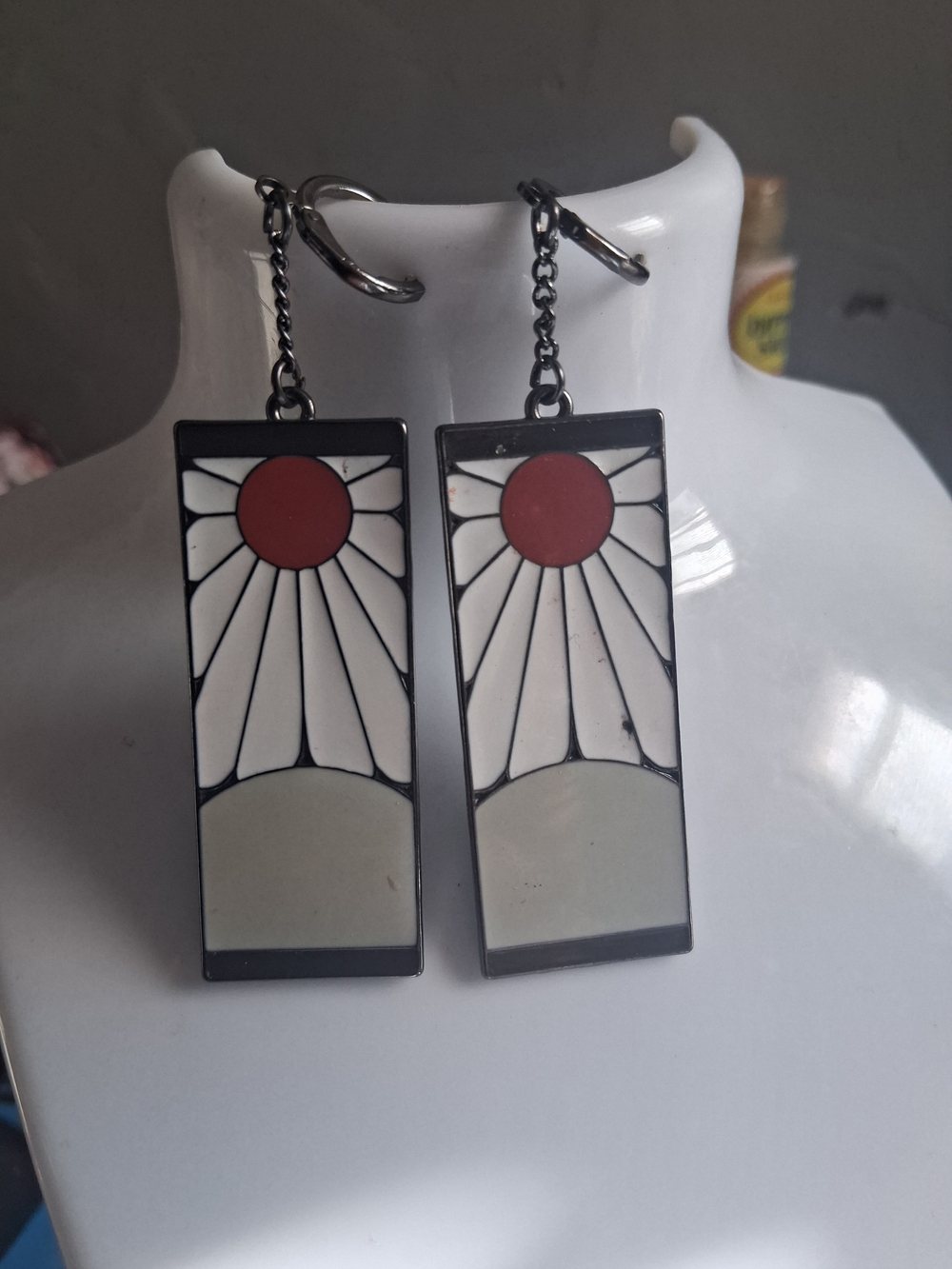 Demon Slayer Rectangular Sunburst Drop Earrings in White and Red